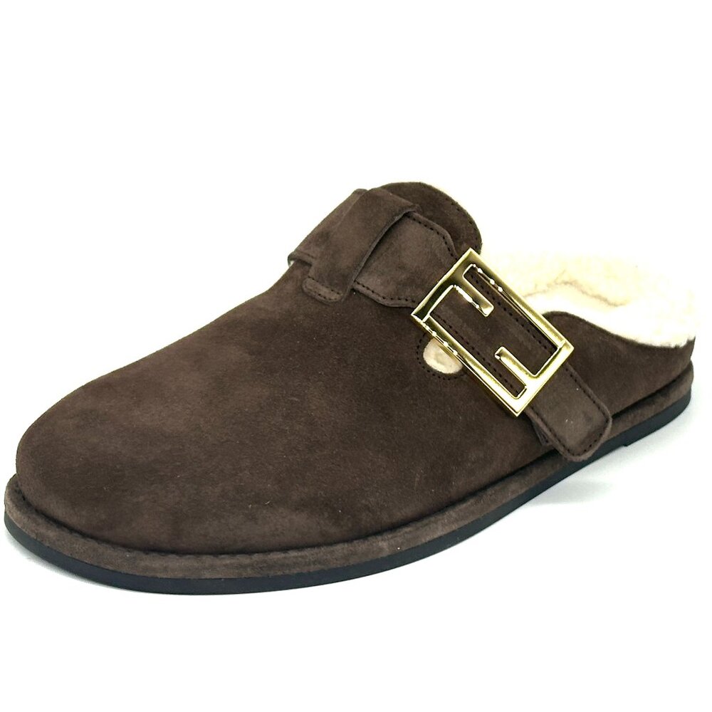 FENDI Feel FF Shearling  Buckled Sabots Mules Slides Flat Clog Sandals - Picture 6 of 16